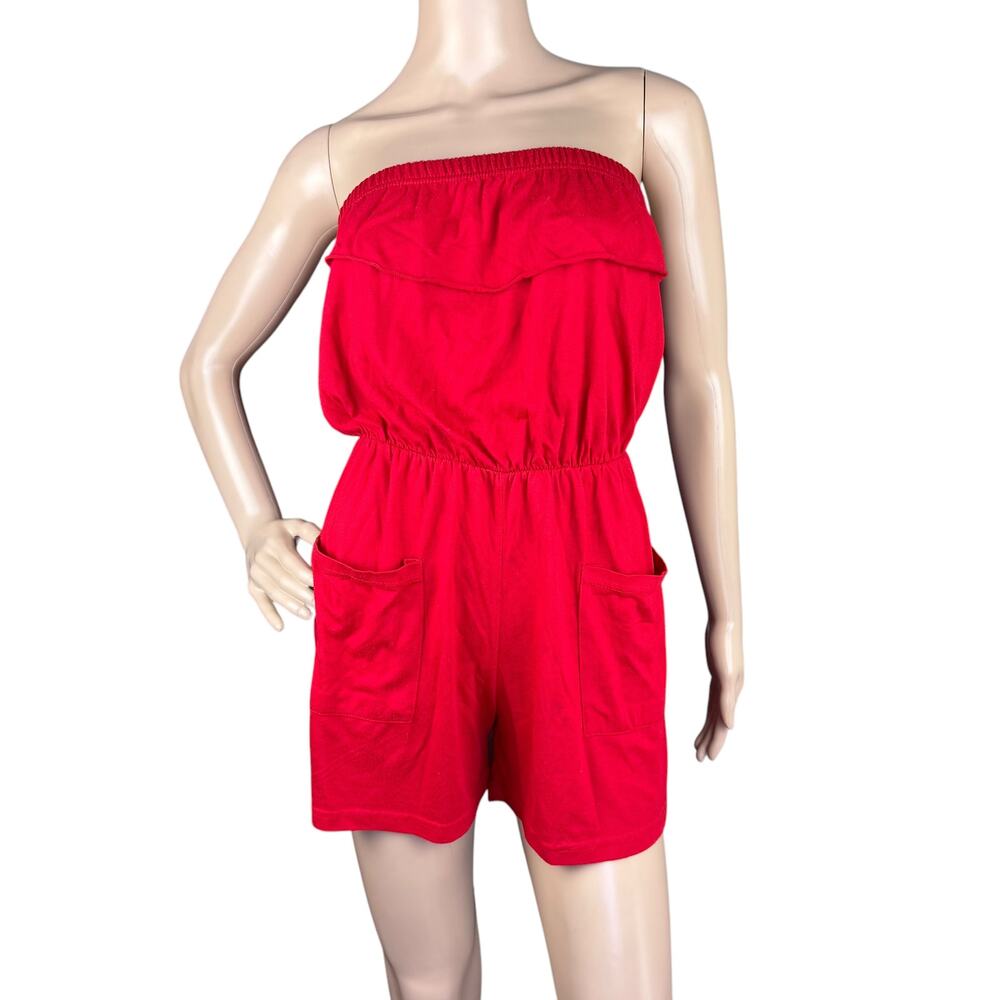 Just Love Women Red Jersey Strapless Ruffle Elastic Waist Romper Size S